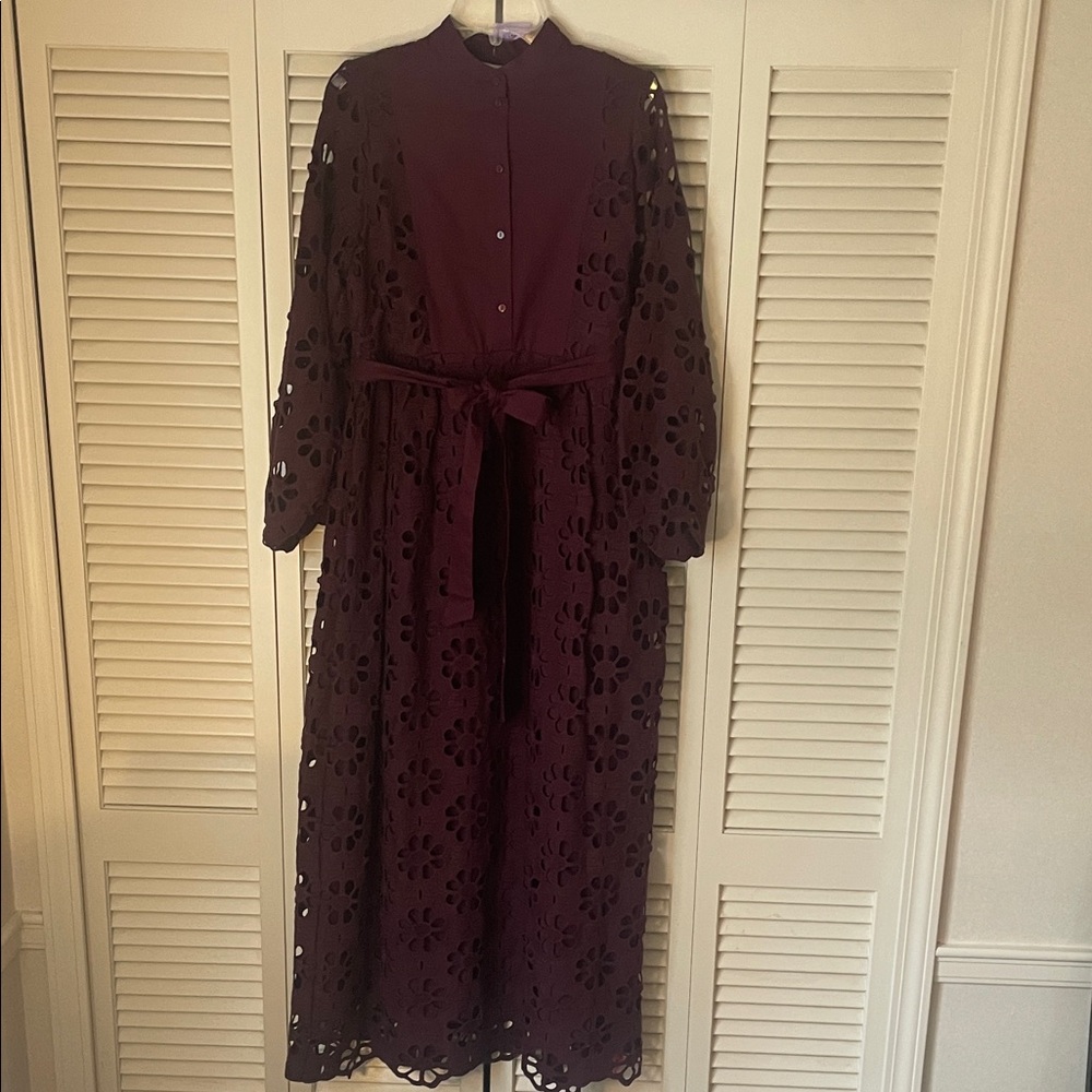 NWT Tuckernuck Calliope Burgundy Long Sleeve Dress Sz S floor length cut out